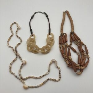 Set of 3 Boho Natural Necklaces Wood Multi-Strand Shell & Resin Link
